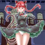  1girl :3 animal_ears blurry blurry_background bow braid building cat_ears cat_tail depth_of_field dress extra_ears floating_hair green_dress hair_bow heart heart_tail highres kaenbyou_rin long_sleeves multiple_tails nekomata outer_glow panties red_eyes red_hair shigotohri solo stained_glass tail touhou twin_braids two_tails underwear upskirt white_panties wind wind_lift 