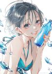  1girl ao+beni bikini black_hair blue_bikini blue_eyes bottle breasts cleavage collarbone ear_piercing earrings grin heart heart_earrings highres holding holding_bottle jewelry looking_at_viewer orange_nails original piercing short_hair simple_background small_breasts smile solo swimsuit upper_body white_background 