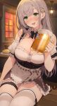  1girl :d absurdres alcohol apron arm_support bangs beer beer_mug bench blunt_bangs blush breasts ceiling_light cleavage cup detached_sleeves dirndl evening flower food german_clothes green_eyes grey_hair hair_flower hair_ornament highres holding holding_cup hololive indoors large_breasts light_rays looking_at_viewer mug open_mouth pie shirogane_noel sitting smile solo table thick_thighs thighhighs thighs virtual_youtuber white_thighhighs window wrist_cuffs yeije 