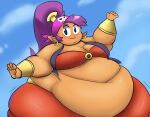  bandanna belly belly_dancer belly_dancer_outfit belly_dancing big_belly big_breasts blue_eyes breasts double_chin fat_rolls female flabby_arms genie gold_gauntlets hair hi_res hybrid jiggling kerchief komakomaranger looking_aside motion_lines not_furry obese obese_female overweight overweight_female purple_bandanna purple_hair purple_kerchief shantae shantae_(series) solo tan_body tan_skin thick_thighs video_games wayforward wide_hips 