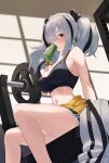  1girl absurdres angdo_(kakajo26) animal_ears arknights bag bench_press black_hair black_sports_bra breasts can clothes_around_waist drinking feater_(arknights) feater_(dojo_star)_(arknights) grey_hair gym hair_over_one_eye highres holding holding_can large_breasts medium_hair midriff monster_energy navel official_alternate_costume orange_eyes panda_ears short_shorts shorts sitting sports_bra stomach sweater sweater_around_waist thighs twintails 