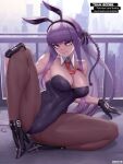  1girl animal_ears artist_name bangs bare_shoulders black_gloves black_leotard black_ribbon braid breasts brown_pantyhose ceiling cleavage danganronpa:_trigger_happy_havoc danganronpa_(series) detached_collar fake_animal_ears fishnet_pantyhose fishnets gloves hair_ribbon hand_up highres kirigiri_kyouko large_breasts leotard long_hair necktie nephlite pantyhose playboy_bunny purple_hair rabbit_ears red_necktie ribbon shiny shiny_skin side_braid sitting solo spread_legs strapless strapless_leotard web_address 