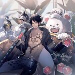  :d bear bepo black_hair chest_tattoo coat facial_hair happy_birthday hat hat_removed headwear_removed heart_(organ) highres holding holding_sword holding_weapon linch male_focus multiple_boys one_piece open_clothes open_coat penguin_(one_piece) polar_bear shachi_(one_piece) sheath sheathed smile sunglasses sword tattoo trafalgar_law weapon yellow_eyes 