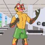  1:1 2022 abs amphibian animal_crossing anthro biceps black_body blurred_background bodily_fluids bottomwear clothed clothing cosmicboy02 detailed_background digital_drawing_(artwork) digital_media_(artwork) drift_(animal_crossing) frog green_clothing gym male muscular muscular_anthro muscular_male narrowed_eyes nintendo open_mouth open_smile pecs red_body red_skin shorts signature smile solo spots spotted_body sweat topless towel video_games yellow_body yellow_skin 