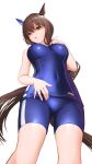  1girl absurdres admire_vega_(umamusume) animal_ears ass_visible_through_thighs blue_one-piece_swimsuit breasts brown_eyes brown_hair competition_school_swimsuit covered_navel covered_nipples ear_covers feet_out_of_frame gibun_(sozoshu) hand_on_own_chest highres horse_ears horse_girl horse_tail indoors looking_at_viewer looking_down medium_breasts open_mouth school_swimsuit shaded_face short_hair simple_background solo standing swimsuit tail umamusume v-shaped_eyebrows white_background 