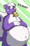  absurd_res anthro belly big_belly chubby_belly eating food fur hair hands_on_belly hi_res looking_at_viewer male mammal mephitid overweight pizza remmy_(character) simple_background skunk slightly_chubby solo standing white_background yiko_(artist) 
