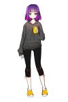  1girl black_leggings cellphone colored_inner_hair grey_hoodie heo_yeoeun highres holding holding_phone hood hoodie korean_commentary leggings looking_at_viewer love_delivery multicolored_hair open_hand phone pink_hair purple_hair shin_seung-ah shoes short_hair sketch sleeves_past_wrists smartphone smile solo straight-on white_background yellow_footwear 