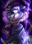  1girl ascot bangs black_background black_headwear black_skirt capelet collared_shirt frilled_shawl frills highres lightning looking_at_viewer nagae_iku purple_hair red_ascot red_eyes shawl shirt short_hair skirt solo touhou vivo_(vivo_sun_0222) white_capelet white_shirt 