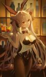  1girl absurdres animal_ears bangs black_bow black_bowtie black_leotard blurry blurry_background bow bowtie breasts brown_pantyhose cleavage closed_mouth cone_hair_bun cup drinking_glass drinking_straw floating_hair genshin_impact grey_hair hair_between_eyes hair_bow hair_bun highres holding holding_plate indoors keqing_(genshin_impact) leotard long_hair medium_breasts nail_polish pantyhose plate playboy_bunny purple_nails rabbit_ears red_eyes red_ribbon ribbon shiny shiny_hair solo standing strapless strapless_leotard themaree twintails very_long_hair wrist_cuffs 