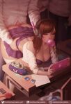  1girl 2boys ass bent_over bra breasts bubble_blowing cleavage clothed_sex clothes_lift d.va_(overwatch) desk doggystyle emotionless_sex facial_mark game_cartridge gumroad_username handheld_game_console headphones highres long_hair luminyu money multiple_boys off_shoulder open_clothes open_shirt overwatch paper patreon_username pencil_case playing_games prostitution school_uniform sex skirt skirt_lift thighhighs twitter_username underwear web_address whisker_markings 