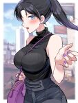  1girl absurdres alternate_hairstyle animification apex_legends bag bangs between_breasts black_hair black_pants black_sweater blue_eyes blurry blurry_background breasts hair_behind_ear handbag highres holding holding_bag medium_breasts nose_piercing pants parted_bangs piercing ponytail purple_bag purple_nails ribbed_sweater sleeveless sleeveless_sweater solo strap_between_breasts sweater sweater_tucked_in wano_(azayakam) wraith_(apex_legends) 