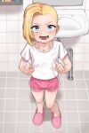  1girl bathroom blonde_hair blue_eyes eyelashes highres looking_down ludo0109 original pov pregnancy_test short_hair short_shorts shorts sink slippers 