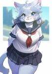  ahoge ai_assisted_artwork anthro aruurara black_nose blue_eyes bottomwear clothing felid feline female fur hair hi_res japanese_school_uniform kemono looking_at_viewer mammal miniskirt school_uniform serafuku skirt slightly_chubby solo uniform white_body white_fur white_hair 