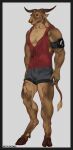  2021 anthro black_eyes bottomwear bovid bovine cattle clothing earbuds ekzonzz facial_piercing headphones hi_res hooves horn hotpants male mammal muscular muscular_anthro muscular_male nose_piercing nose_ring pecs piercing portable_music_player ring_piercing shirt shorts simple_background solo standing tank_top topwear 