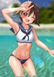  1girl absurdres armpits beach blush breasts brown_eyes brown_hair collarbone highres kuroniko looking_at_viewer miyafuji_yoshika navel ocean one_eye_closed open_mouth outdoors sailor_bikini sailor_collar shiny shiny_hair short_hair sleeveless small_breasts smile solo strike_witches wading world_witches_series 
