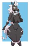  absurd_res anthro big_breasts bikini blush bodily_fluids breasts cleavage clothed clothing cooliehigh female generation_5_pokemon hair hi_res nintendo pokemon pokemon_(species) solo sweat swimwear thick_thighs video_games white_hair zebstrika 