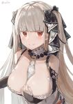  1girl absurdres azur_lane bare_shoulders between_breasts black_ribbon breasts cleavage clothing_cutout dress formidable_(azur_lane) frilled_dress frills gothic_lolita grey_hair hand_on_own_chest highres large_breasts lolita_fashion long_hair looking_at_viewer necktie necktie_between_breasts red_eyes ribbon shoulder_cutout simple_background solo tsukikaze_aki twintails two-tone_dress two-tone_ribbon upper_body very_long_hair white_background white_ribbon 