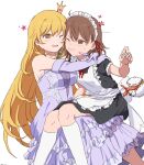  2girls alternate_costume anger_vein apron arms_around_neck bangs bare_shoulders black_dress blonde_hair brown_eyes brown_hair cheek-to-cheek clenched_teeth crown dated dress elbow_gloves enmaided gloves hair_between_eyes heads_together highres hug kneehighs long_dress long_hair maid maid_apron maid_headdress mini_crown misaka_mikoto multiple_girls one_eye_closed open_mouth parted_lips purple_dress purple_gloves shokuhou_misaki short_hair sitting sitting_on_lap sitting_on_person socks sparkling_eyes spill star_(symbol) sweatdrop takatisakana teapot teeth toaru_kagaku_no_railgun toaru_majutsu_no_index white_background white_socks 