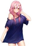  1girl bangs blue_shirt blush collarbone cowboy_shot guilty_crown hair_between_eyes hair_ornament hair_over_shoulder hairclip hand_in_own_hair highres long_hair looking_at_viewer low_twintails off-shoulder_shirt off_shoulder open_mouth pink_hair red_eyes shiny shiny_hair shirt short_sleeves simple_background solo standing tsukichan_(maynyan23) twintails white_background yuzuriha_inori 