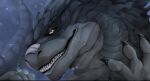  artist_name black_claws black_lips claws grey_body grin hi_res lips looking_at_viewer male narrowed_eyes santanahoffman scalie sharp_teeth simple_background smile solo teeth yellow_eyes 
