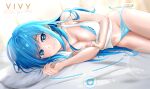  1girl absurdres bare_arms bed_sheet blue_bra blue_eyes blue_hair blue_panties bra character_name clement39 closed_mouth copyright_name groin highres long_hair looking_at_viewer lying midriff navel on_side panties pillow shiny shiny_hair shiny_skin shirt sleeveless sleeveless_shirt smile solo stomach straight_hair underwear very_long_hair vivy vivy:_fluorite_eye&#039;s_song white_shirt 