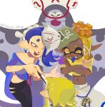  1boy 2girls bare_shoulders big_man_(splatoon) black_pants blonde_hair blue_hair blue_tongue cephalopod_eyes chinese_commentary colored_eyelashes colored_skin colored_tongue cross-shaped_pupils crossed_arms dark-skinned_female dark_skin earrings eyeliner fang fangs folded_fan folding_fan food food_on_head forehead frye_(splatoon) groin hachimaki hair_over_one_eye hand_fan harem_pants headband highres hokkamuri holding holding_fan horizontal_pupils inkling jewelry long_hair looking_at_another makeup manta_ray mask mask_on_head multicolored_hair multicolored_skin multiple_earrings multiple_girls navel nejiri_hachimaki object_on_head octarian pants pointy_ears poncho purple_hair purple_skin red_eyeliner red_eyes salorbt see-through shiver_(splatoon) simple_background smile splatoon_(series) splatoon_3 tempura tongue tongue_out twitter_username two-tone_hair two-tone_skin uneven_eyes white_background white_pants yellow_eyes 