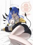  1girl arknights ass bangs bare_legs bare_shoulders bed_sheet black_jacket black_shorts blue_eyes blue_hair blush breasts can cleavage demon_girl demon_horns demon_tail detached_wings energy_wings feet_out_of_frame halo highres holding holding_can horns jacket large_breasts long_hair long_sleeves looking_at_viewer looking_back lying milksauce mostima_(arknights) off_shoulder official_alternate_costume on_bed on_side open_clothes open_jacket parted_lips penguin_logistics_logo short_shorts shorts solo sportswear tail very_long_hair wings 