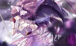  1girl apple bangs breasts cleavage dress dutch_angle feathered_wings floating_hair food fruit gloves hair_between_eyes highres holding holding_food holding_fruit kaname_madoka long_hair mahou_shoujo_madoka_magica open_mouth pink_hair purple_wings red_apple red_eyes sakura_t small_breasts solo soul_gem ultimate_madoka very_long_hair white_dress white_gloves wings 