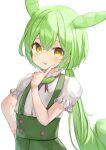  1girl blush buttons edamame_(food) green_hair green_suspenders hair_between_eyes hand_up highres long_hair looking_at_viewer neko_gnome open_mouth ponytail puffy_short_sleeves puffy_sleeves ribbon shirt short_sleeves solo suspenders voicevox white_shirt yellow_eyes zundamon 