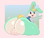  2022 animal_crossing anthro artist_name balls big_balls big_butt black_eyes blonde_hair border bottomless butt clothed clothing dialogue digital_media_(artwork) english_text frumples fur genitals green_body green_fur hair huge_butt lagomorph leporid looking_at_viewer looking_back looking_back_at_viewer male mammal motion_lines multicolored_body multicolored_fur nintendo open_mouth open_smile outline patreon pink_nose presenting presenting_hindquarters rabbit rear_view sasha_(animal_crossing) scut_tail short_tail simple_background sitting smile solo talking_to_viewer teeth text thick_thighs tongue topwear video_games white_body white_border white_fur white_outline yellow_body yellow_fur 