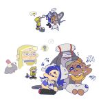  1boy 3girls ? agent_3_(splatoon_3) asymmetrical_hair big_man_(splatoon) blonde_hair blue_hair chibi chinese_commentary d: dark-skinned_female dark_skin earrings eyeliner flying_sweatdrops food food_on_head frown frustrated frye_(splatoon) hachimaki hair_over_one_eye hand_fan hands_on_own_head harem_pants headband hokkamuri holding holding_fan inkling inkling_girl jewelry little_buddy_(splatoon) long_hair makeup manta_ray mask mask_on_head multiple_earrings multiple_girls navel nejiri_hachimaki object_on_head octarian open_mouth pants pointy_ears red_eyeliner salmonid salorbt sitting smallfry_(splatoon) splatoon_(series) splatoon_3 spoken_question_mark squidbeak_splatoon squiggle tears teeth tempura tentacle_hair white_pants 