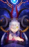  1girl absurdres breasts cleavage fate/grand_order fate_(series) fur-trimmed_kimono fur_trim hair_over_face hair_over_one_eye highres horns japanese_clothes kimono koyanskaya_(fate) koyanskaya_(lostbelt_beast:iv)_(fate) large_breasts looking_at_viewer multiple_horns off_shoulder sky smile solo star_(sky) starry_sky talisman tamamo_(fate) tukineko222 upper_body white_kimono 