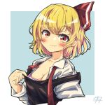  1girl bangs black_vest blonde_hair blue_background blush border breasts cleavage closed_mouth collared_shirt fang fang_out hair_ribbon highres long_sleeves looking_at_viewer medium_hair necktie outside_border red_eyes red_necktie red_ribbon ribbon rumia shirt smile solo touhou two-tone_background undone_necktie upper_body vest white_border white_shirt woruta_(soloistlist) 