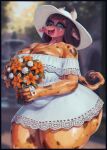  absurd_res anthro big_breasts bouquet bovid bovine breasts cattle cleavage clothed clothing dress facial_piercing female hat headgear headwear hi_res mammal nose_piercing nose_ring patacon piercing ring_piercing solo thick_thighs 