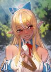  1girl bangs bare_shoulders blonde_hair blue_bow blurry blurry_background blush bow breasts commentary dark-skinned_female dark_skin elf gloves grin hair_between_eyes hair_bow head_tilt highres hololive index_finger_raised large_breasts light_blush long_sleeves looking_to_the_side multicolored_hair nose_blush pointy_ears red_eyes shiranui_flare sidelocks smile solo sparkle streaked_hair takami_masahiro two-tone_hair upper_body virtual_youtuber white_gloves white_hair wide_sleeves 