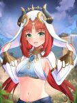  1girl :d absurdres bangs blue_sky breasts brooch cloud commentary crop_top genshin_impact green_eyes highres horns jewelry ka_maru long_hair long_sleeves looking_at_viewer medium_breasts midriff navel night night_sky nilou_(genshin_impact) open_mouth red_hair revision sky smile solo stomach upper_body veil very_long_hair 