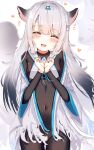  1girl absurdres animal_ears azur_lane blush bodysuit clenched_hands closed_eyes commentary_request hair_ornament happy highres miyuki_(azur_lane) nahril navel open_mouth simple_background smile solo white_background white_hair 