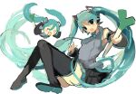  aqua_eyes aqua_hair black_footwear black_skirt black_sleeves blue_necktie boots detached_sleeves grey_shirt hachune_miku hatsune_miku highres kmnk_(kumanuko) necktie open_mouth pleated_skirt shirt skirt sleeveless sleeveless_shirt spring_onion thigh_boots twintails vocaloid 