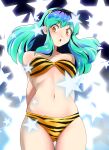  1girl absurdres animal_print ass_visible_through_thighs bikini breasts commentary_request cowboy_shot green_hair highres horns long_hair looking_at_viewer lum medium_breasts nanao_futaba oni_horns orange_eyes pointy_ears solo star_(symbol) strapless strapless_bikini swimsuit tiger_print urusei_yatsura 