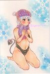  1girl bare_shoulders barefoot blue_eyes blue_hair blush breasts closed_mouth full_body highres laevatein_(tail) navel original own_hands_together pointy_ears purple_headwear purple_scarf scarf shin1ar24 small_breasts snowflake_background solo tail traditional_media watercolor_pencil_(medium) 