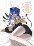  1girl :p arknights ass bangs bare_legs bare_shoulders bed_sheet black_jacket black_shorts blue_eyes blue_hair blush breasts can cleavage demon_girl demon_horns demon_tail detached_wings energy_wings feet_out_of_frame halo highres holding holding_can horns jacket large_breasts long_hair long_sleeves looking_at_viewer looking_back lying milksauce mostima_(arknights) off_shoulder official_alternate_costume on_bed on_side open_clothes open_jacket penguin_logistics_logo short_shorts shorts smile solo sportswear tail tongue tongue_out very_long_hair wings 
