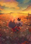  animal_ears baal_(cult_of_the_lamb) bird_wings cat cat_ears cat_tail cloud cloudy_sky criss-cross_suspenders cult_of_the_lamb field flower flower_field furry furry_with_furry highres horns inudogsaikou open_mouth sheep sheep_ears sheep_horns sky sunset tail the_lamb_(cult_of_the_lamb) wings 