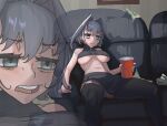  1girl bangs blue_eyes blue_hair breasts couch cup disposable_cup hair_intakes highres holding hololive hololive_english large_breasts meme on_couch ouro_kronii parody redlettermedia short_hair sitting solo subway_(company) thighhighs underboob virtual_youtuber zedd_(zedgawr) zoom_layer 