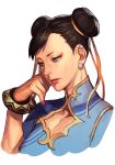  1girl blue_dress bracelet brown_eyes brown_hair china_dress chinese_clothes chun-li double_bun dress earrings hair_bun hair_ribbon hand_on_own_face hungry_clicker jewelry nail_polish portrait ribbon short_bangs short_sleeves solo street_fighter street_fighter_6 white_background 