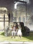  1boy 1girl bandages barefoot bird black_hair closed_eyes closed_mouth commentary dress highres holding_hands horns ico ico_(character) pointy_ears sandals sasumata_jirou short_hair sitting stick tabard weapon white_dress yorda 