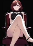  1girl absurdres ass bare_legs black_background black_bra black_footwear black_panties bra brown_hair crossed_legs frown highres higuchi_madoka idolmaster idolmaster_shiny_colors legs looking_at_viewer mole mole_under_eye on_chair panties red_eyes simple_background sitting solo thighs underwear yakuyaku 