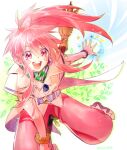  1girl arche_klein belt bracelet broom earrings elbow_gloves foot_out_of_frame gloves jewelry liel_(andaniel) long_hair looking_at_viewer open_mouth pants pink_eyes pink_hair pink_pants pointy_ears ponytail sitting smile solo tales_of_(series) tales_of_phantasia wide_ponytail 