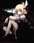  1girl arm_on_knee arm_strap bangs black_skirt blonde_hair bobby_socks closed_mouth commentary_request darkness expressionless frilled_skirt frilled_sleeves frills full_body hair_ribbon highres holding holding_skull knee_up long_sleeves looking_at_viewer medium_hair pile_of_skulls red_eyes red_footwear red_ribbon ribbon rumia shirt shoes sitting skirt skull socks solo spark621 touhou white_shirt white_socks 