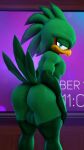  2021 3d_(artwork) accipitrid accipitriform anthro armwear avian backsack balls beak bedroom_eyes big_balls big_butt billynr bird blue_eyes bottom_heavy bubble_butt butt clothing detailed_background digital_media_(artwork) elbow_gloves feathers fingerless_gloves fingers genitals girly gloves green_body green_feathers green_hair hair hand_on_leg hand_on_own_thigh hand_on_thigh handwear hi_res huge_butt inside jet_the_hawk legwear looking_at_viewer looking_back male mostly_nude narrowed_eyes nude seductive sega smile solo sonic_riders sonic_the_hedgehog_(series) source_filmmaker tail_feathers thick_thighs thigh_highs wide_hips 