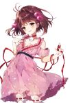  1girl breasts brown_eyes brown_hair choker dress hair_bobbles hair_ornament highres looking_at_viewer open_mouth pink_dress reala_(tales) red_choker runako short_hair simple_background smile solo tales_of_(series) tales_of_destiny_2 white_background 